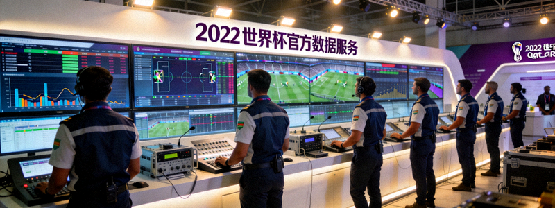 2022年世界杯官方数据服务项目现场，工作人员正在操作大型数据屏幕